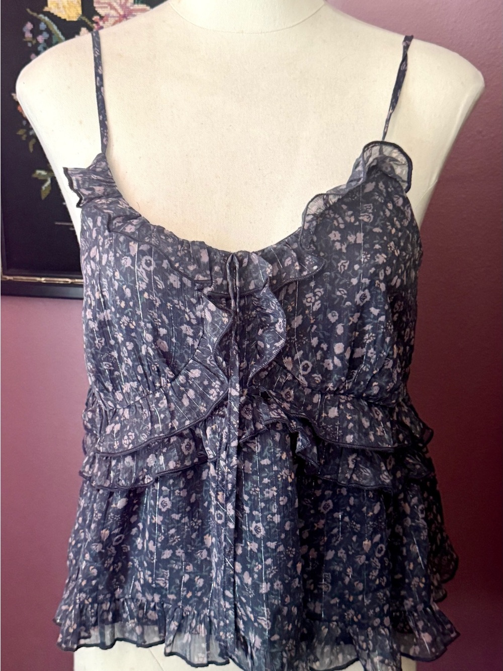 Lucky Brand Ruffled Floral Spaghetti Strap Camisole - Black with Pink Floral